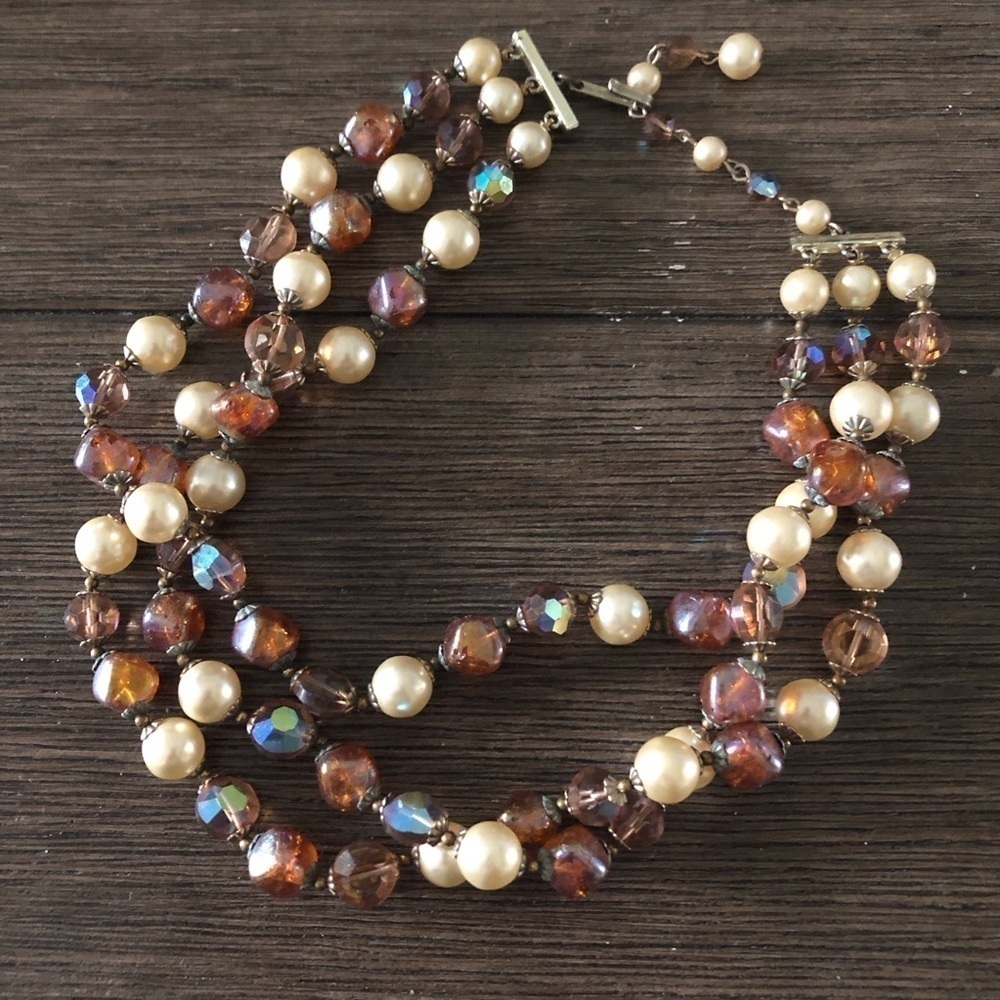 Vintage brown glass beaded layered choker necklace